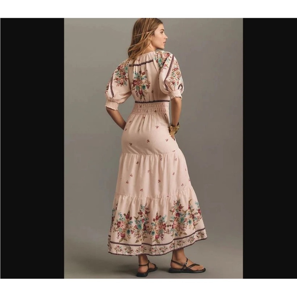 NWT Anthropologie Puff Sleeve Somerset Blush Floral Tiered Maxi Dress Small - Picture 3 of 9